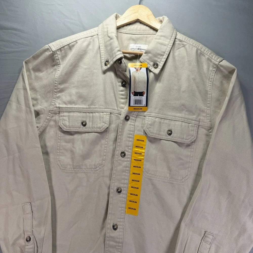 Lukcy Brand Button Down Shirt Men Medium Beige Twill Long Sleeve Heavy Thick NWT
